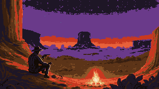 The cowboy resting by a campfire under the night sky